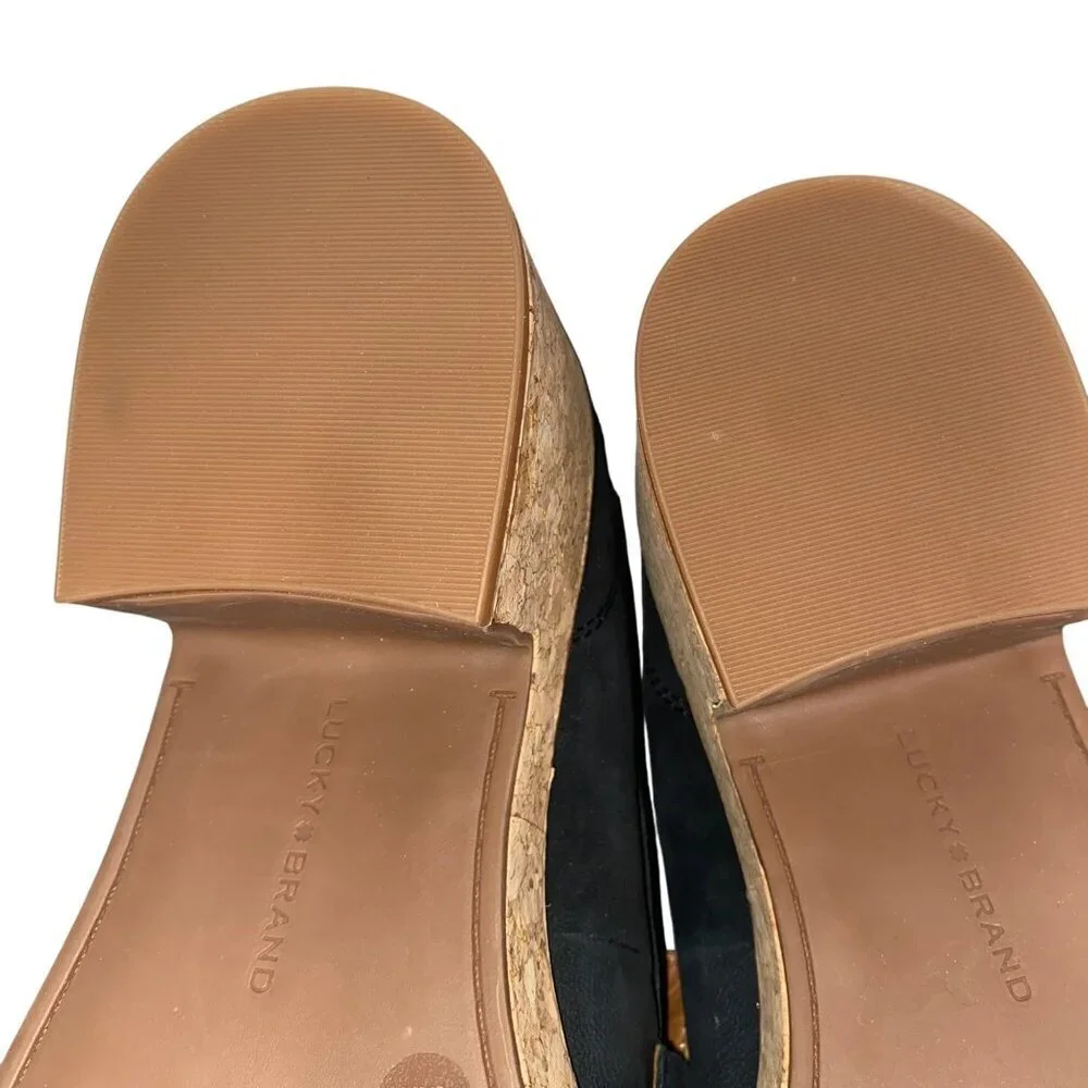 Lucky Brand Womens Black Suede platform Cork Heel Loafers Size 6.5. Preppy